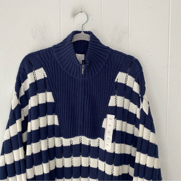 Quarter Zip Collared Pullover Sweater Blue White Stripe A New Day Sz XXL - Picture 2 of 15